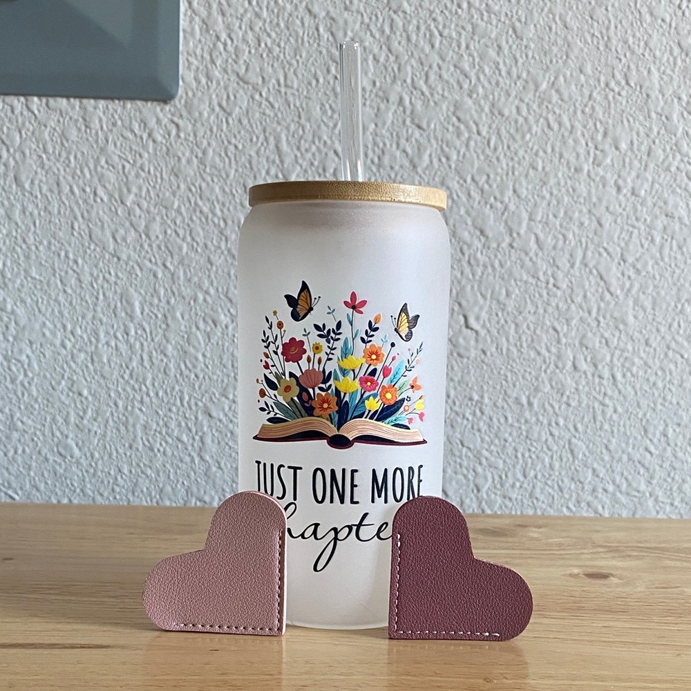 Women’s Bookish Bundle (Tumbler glass cup and two leather heart bookmarks)